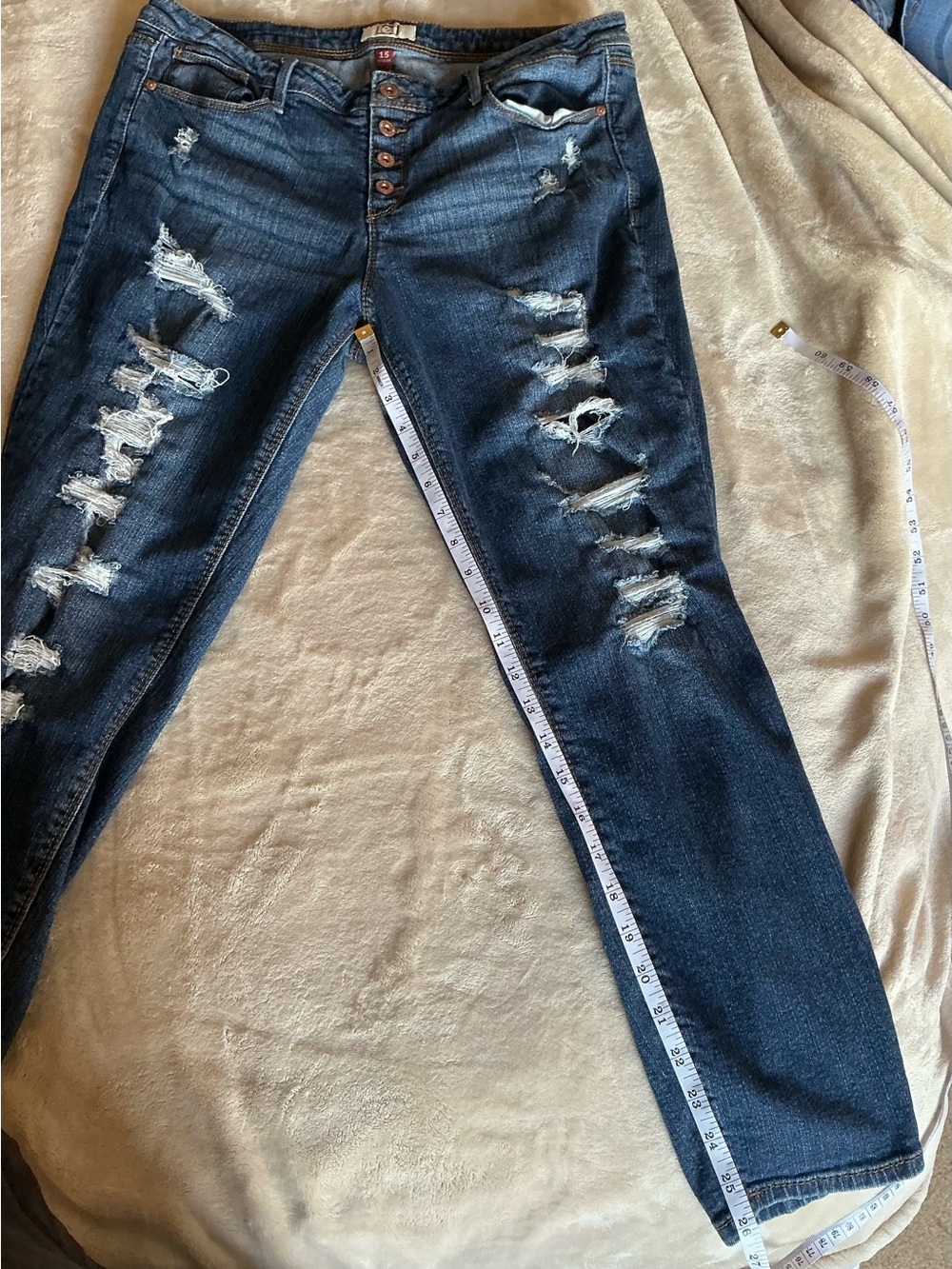 lei Junior's/Women’s Dark Blue Distressed Classic Skinny Button Up Jeans Size 15 - Picture 11 of 13